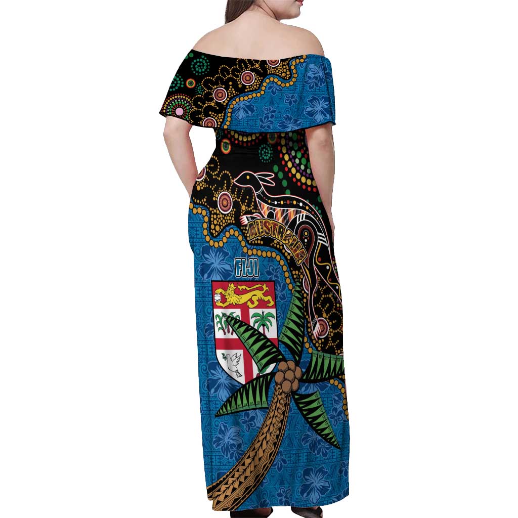 Fijian and Australian Culture Together Off Shoulder Maxi Dress Aboriginal Art and Tapa Motifs with Kangaroo and Palm Tree - Polynesian Pride