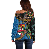 Fijian and Australian Culture Together Off Shoulder Sweater Aboriginal Art and Tapa Motifs with Kangaroo and Palm Tree - Polynesian Pride