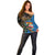 Fijian and Australian Culture Together Off Shoulder Sweater Aboriginal Art and Tapa Motifs with Kangaroo and Palm Tree - Polynesian Pride