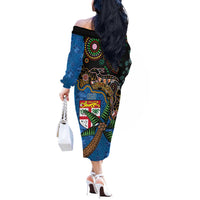 Fijian and Australian Culture Together Off The Shoulder Long Sleeve Dress Aboriginal Art and Tapa Motifs with Kangaroo and Palm Tree - Polynesian Pride
