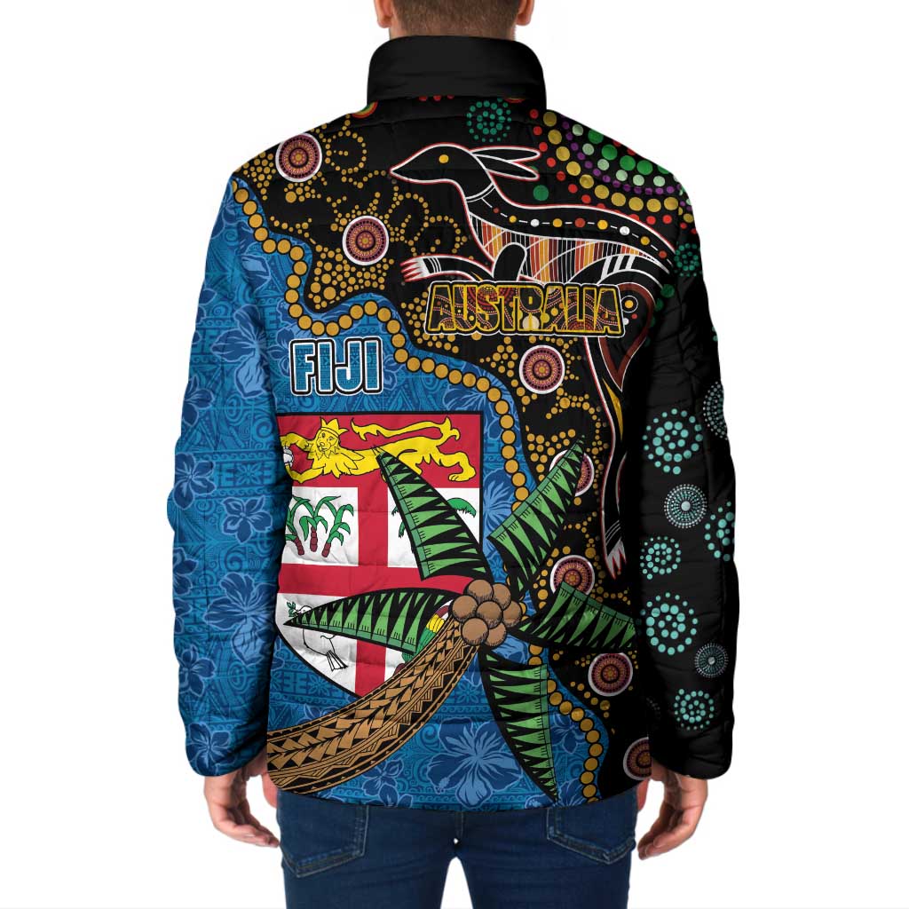 Fijian and Australian Culture Together Padded Jacket Aboriginal Art and Tapa Motifs with Kangaroo and Palm Tree - Polynesian Pride