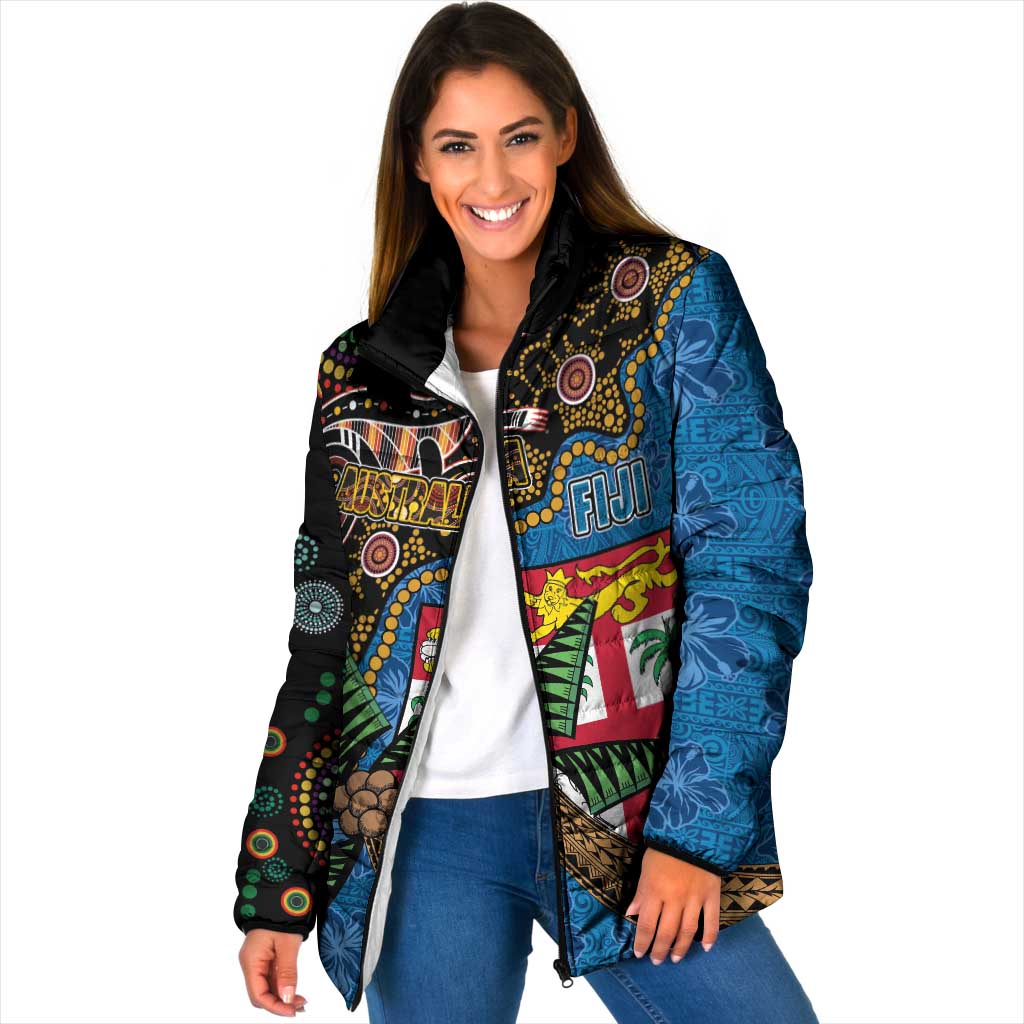 Fijian and Australian Culture Together Padded Jacket Aboriginal Art and Tapa Motifs with Kangaroo and Palm Tree - Polynesian Pride