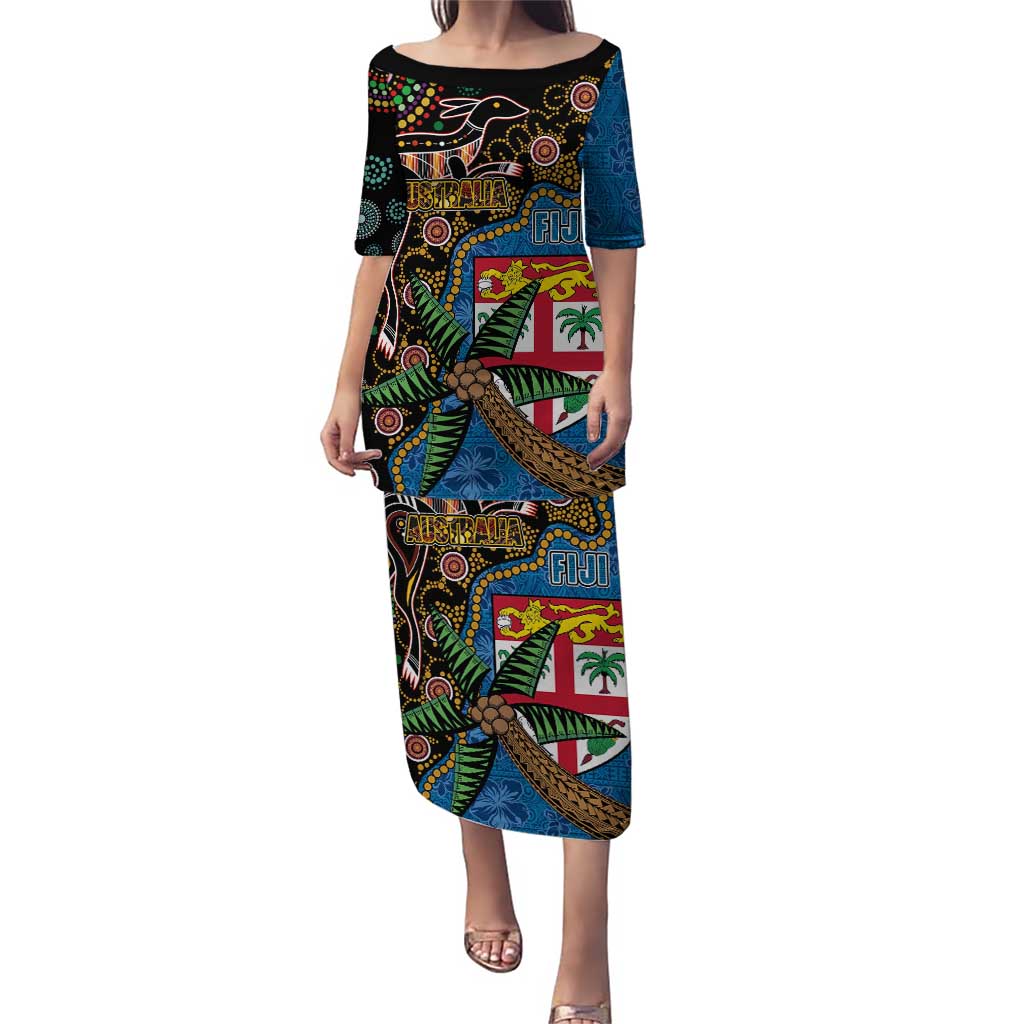 Fijian and Australian Culture Together Puletasi Aboriginal Art and Tapa Motifs with Kangaroo and Palm Tree - Polynesian Pride