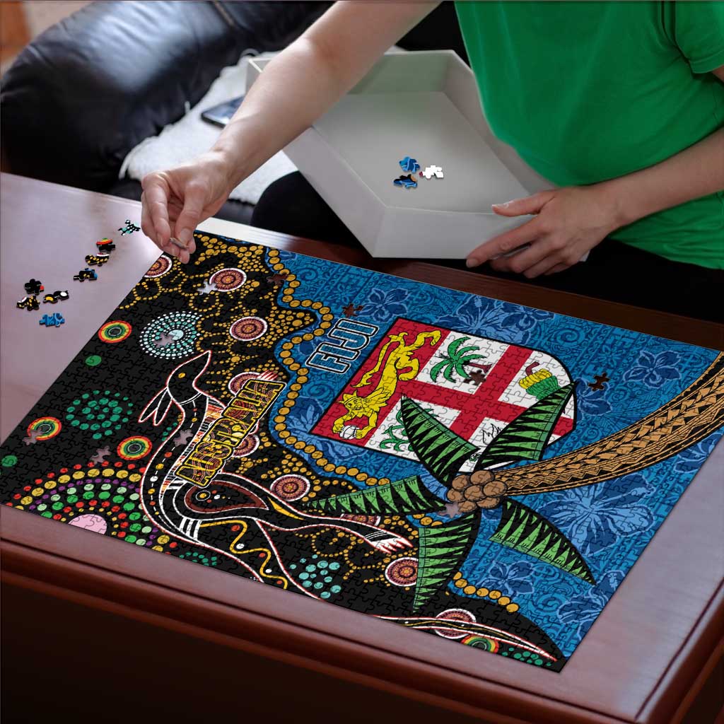 Fijian and Australian Culture Together Puzzle Aboriginal Art and Tapa Motifs with Kangaroo and Palm Tree - Polynesian Pride