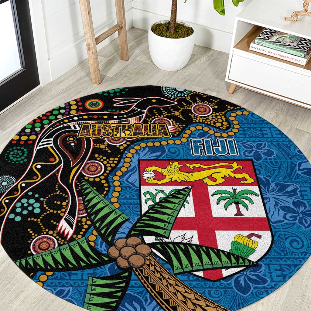 Fijian and Australian Culture Together Round Carpet Aboriginal Art and Tapa Motifs with Kangaroo and Palm Tree - Polynesian Pride