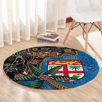 Fijian and Australian Culture Together Round Carpet Aboriginal Art and Tapa Motifs with Kangaroo and Palm Tree - Polynesian Pride