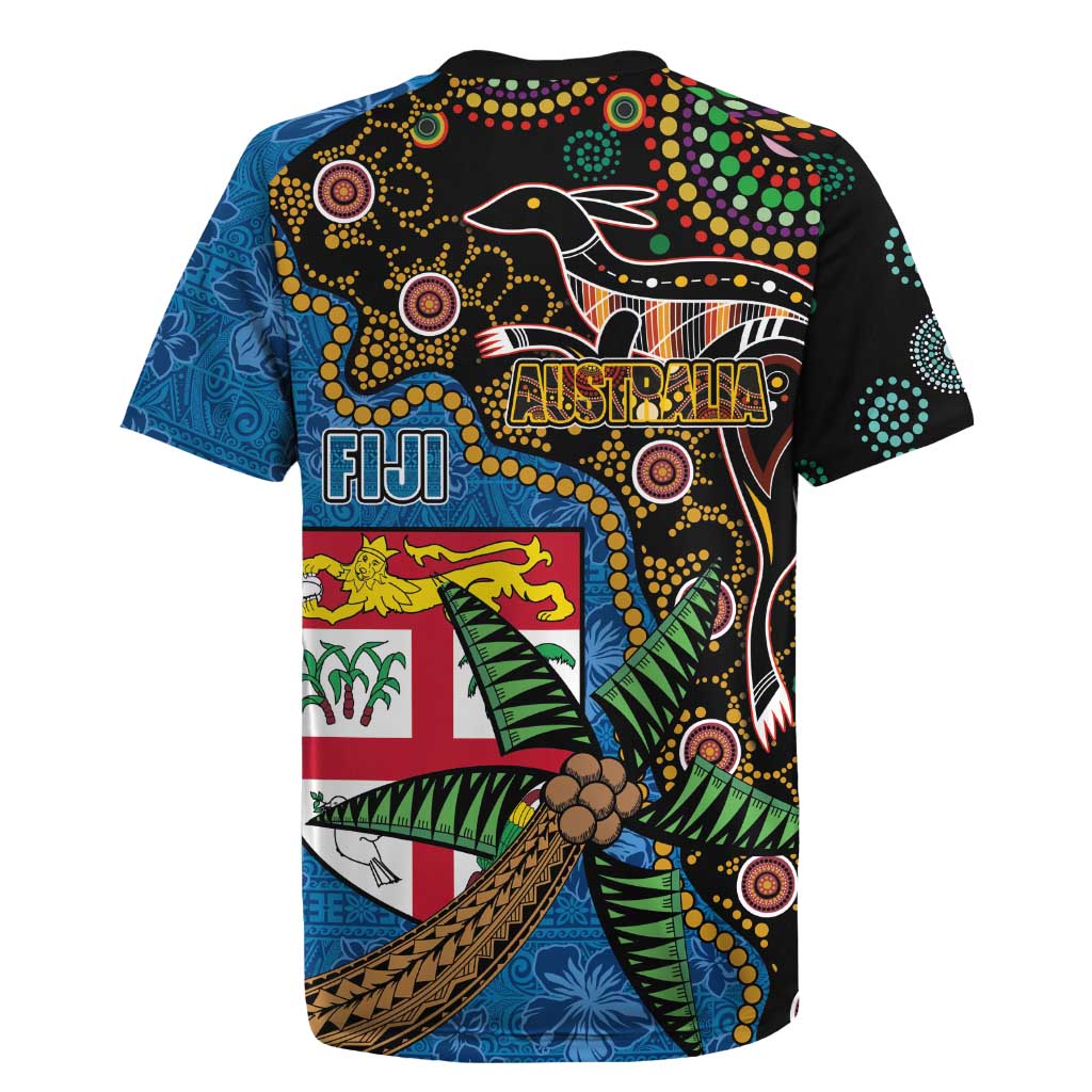 Fijian and Australian Culture Together Rugby Jersey Aboriginal Art and Tapa Motifs with Kangaroo and Palm Tree - Polynesian Pride