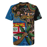 Fijian and Australian Culture Together Rugby Jersey Aboriginal Art and Tapa Motifs with Kangaroo and Palm Tree - Polynesian Pride
