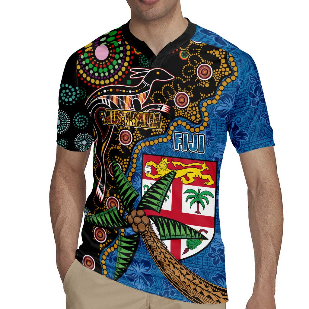 Fijian and Australian Culture Together Rugby Jersey Aboriginal Art and Tapa Motifs with Kangaroo and Palm Tree - Polynesian Pride