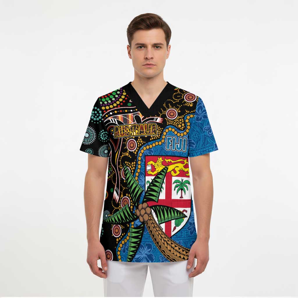 Fijian and Australian Culture Together Scrub Top Aboriginal Art and Tapa Motifs with Kangaroo and Palm Tree - Polynesian Pride