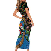 Fijian and Australian Culture Together Short Sleeve Bodycon Dress Aboriginal Art and Tapa Motifs with Kangaroo and Palm Tree - Polynesian Pride