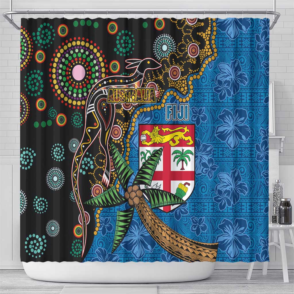 Fijian and Australian Culture Together Shower Curtain Aboriginal Art and Tapa Motifs with Kangaroo and Palm Tree - Polynesian Pride