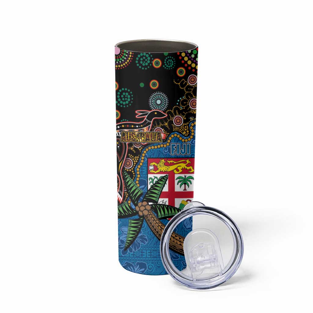 Fijian and Australian Culture Together Skinny Tumbler Aboriginal Art and Tapa Motifs with Kangaroo and Palm Tree - Polynesian Pride