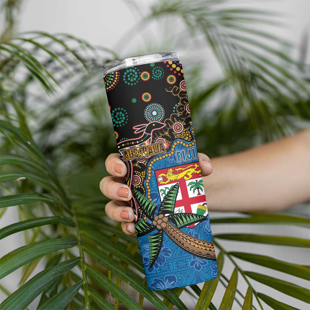 Fijian and Australian Culture Together Skinny Tumbler Aboriginal Art and Tapa Motifs with Kangaroo and Palm Tree - Polynesian Pride