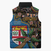 Fijian and Australian Culture Together Sleeveless Puffer Jacket Aboriginal Art and Tapa Motifs with Kangaroo and Palm Tree - Polynesian Pride