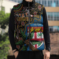 Fijian and Australian Culture Together Sleeveless Puffer Jacket Aboriginal Art and Tapa Motifs with Kangaroo and Palm Tree - Polynesian Pride