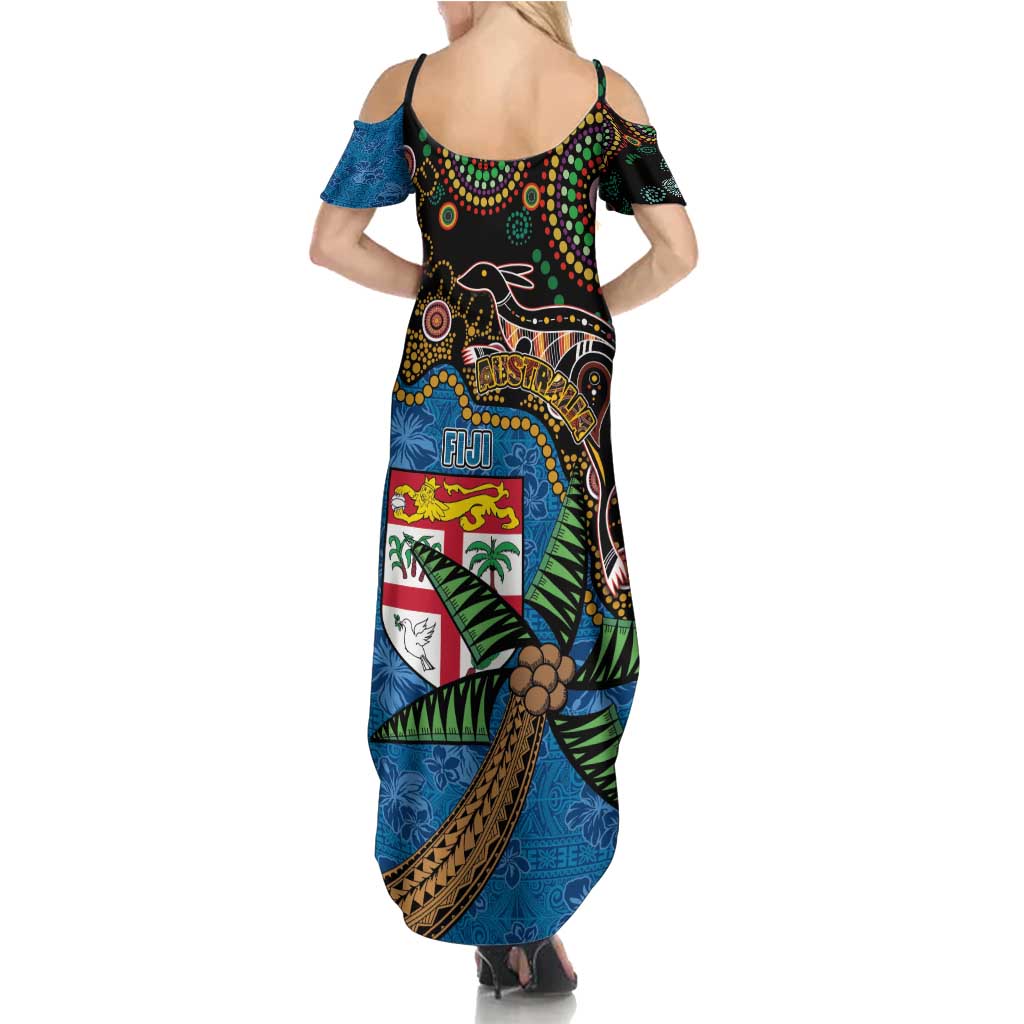 Fijian and Australian Culture Together Summer Maxi Dress Aboriginal Art and Tapa Motifs with Kangaroo and Palm Tree - Polynesian Pride