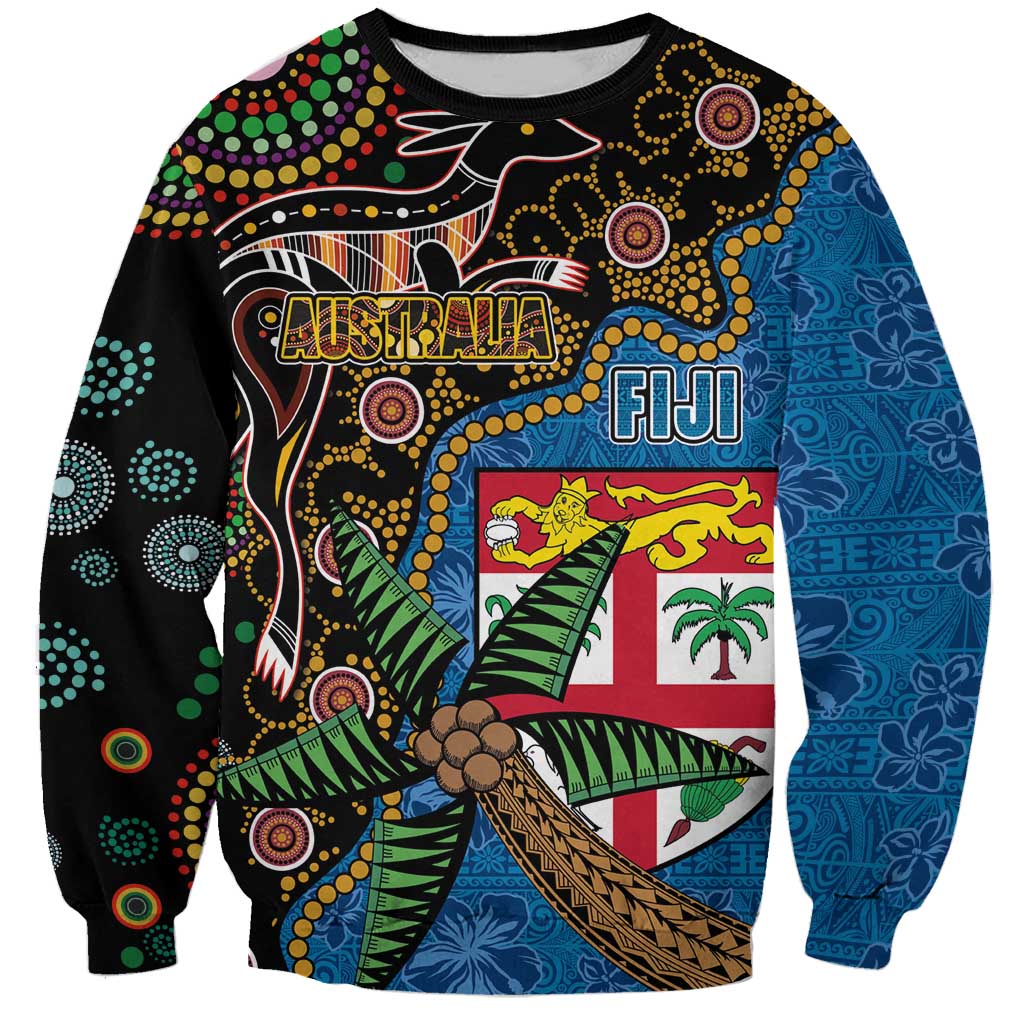 Fijian and Australian Culture Together Sweatshirt Aboriginal Art and Tapa Motifs with Kangaroo and Palm Tree - Polynesian Pride