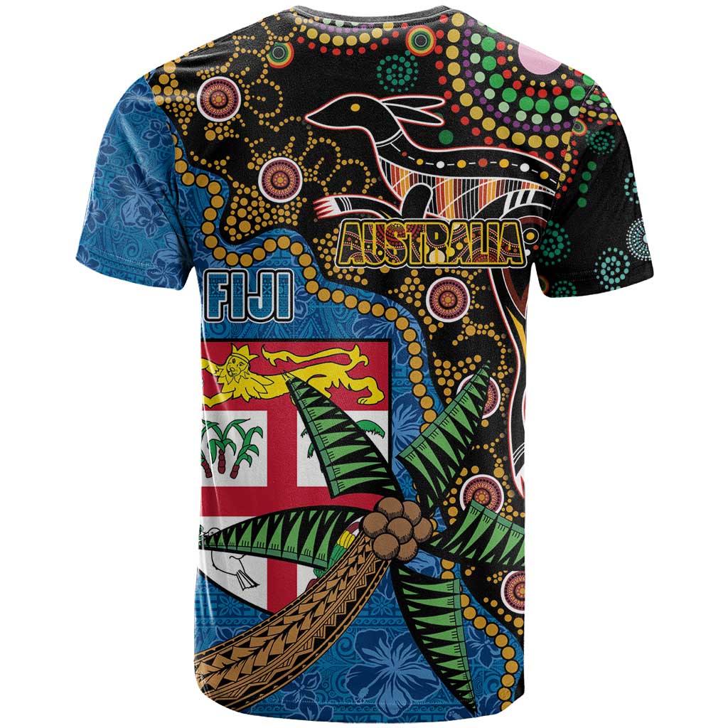 Fijian and Australian Culture Together T Shirt Aboriginal Art and Tapa Motifs with Kangaroo and Palm Tree - Polynesian Pride