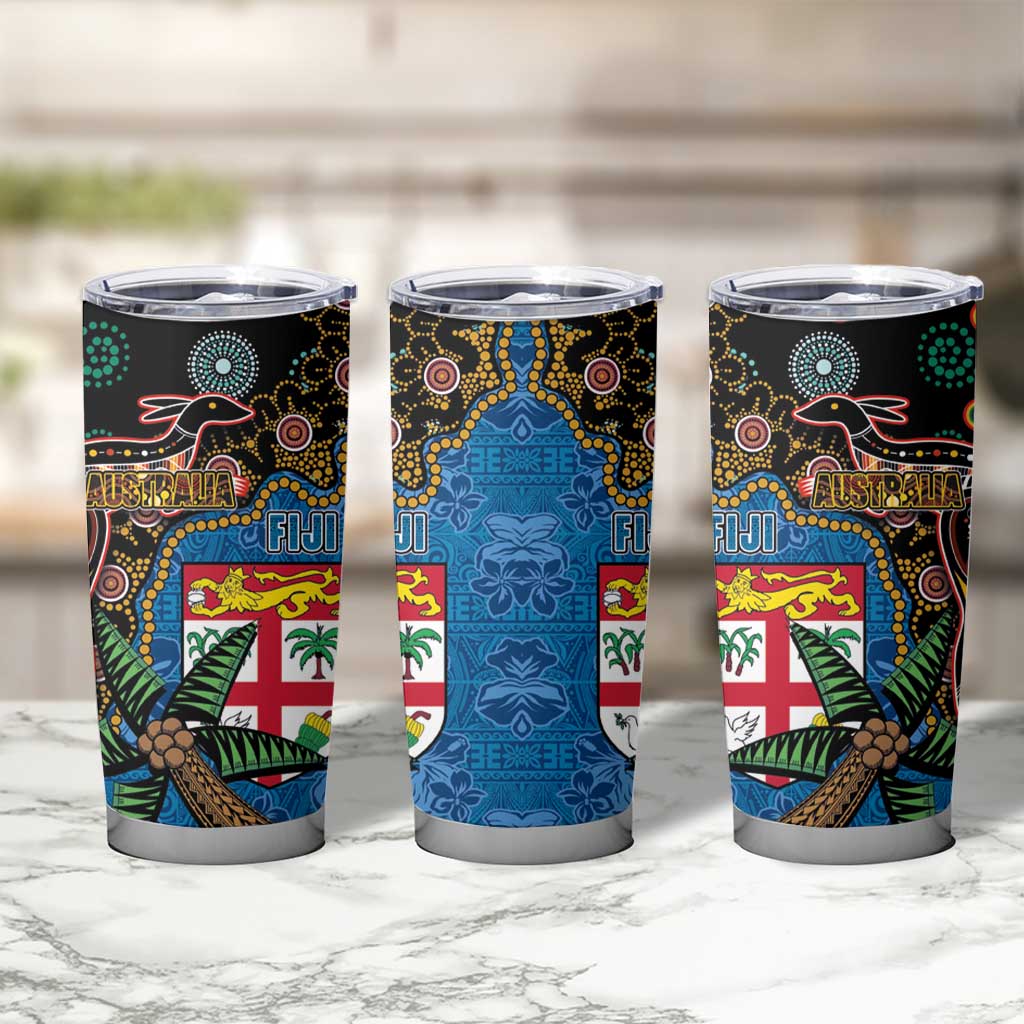 Fijian and Australian Culture Together Tumbler Cup Aboriginal Art and Tapa Motifs with Kangaroo and Palm Tree - Polynesian Pride