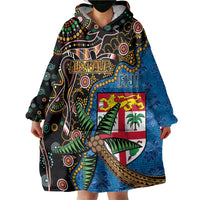 Fijian and Australian Culture Together Wearable Blanket Hoodie Aboriginal Art and Tapa Motifs with Kangaroo and Palm Tree - Polynesian Pride