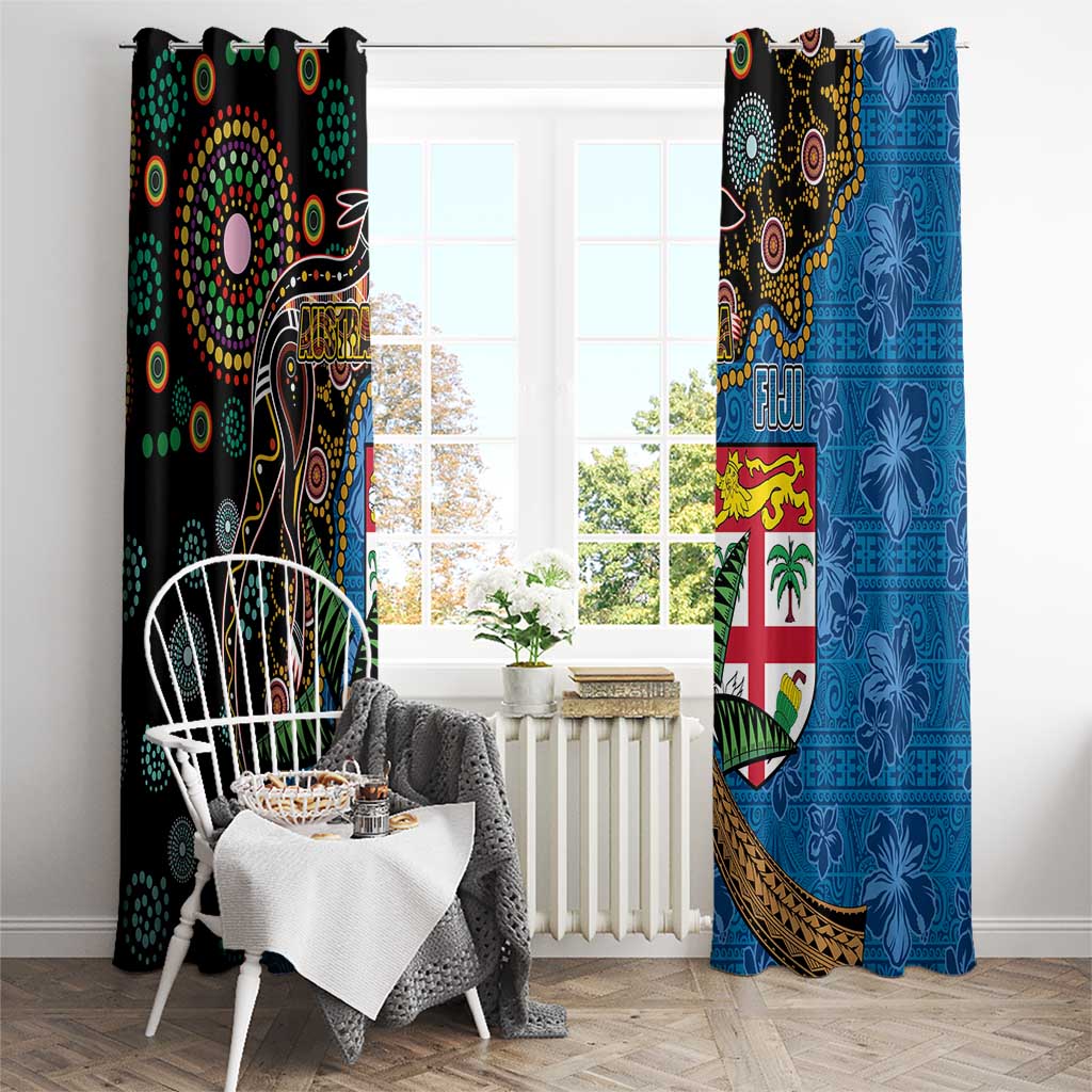 Fijian and Australian Culture Together Window Curtain Aboriginal Art and Tapa Motifs with Kangaroo and Palm Tree - Polynesian Pride