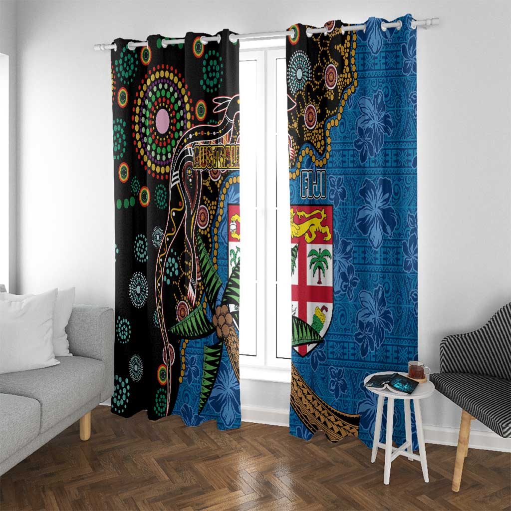 Fijian and Australian Culture Together Window Curtain Aboriginal Art and Tapa Motifs with Kangaroo and Palm Tree - Polynesian Pride