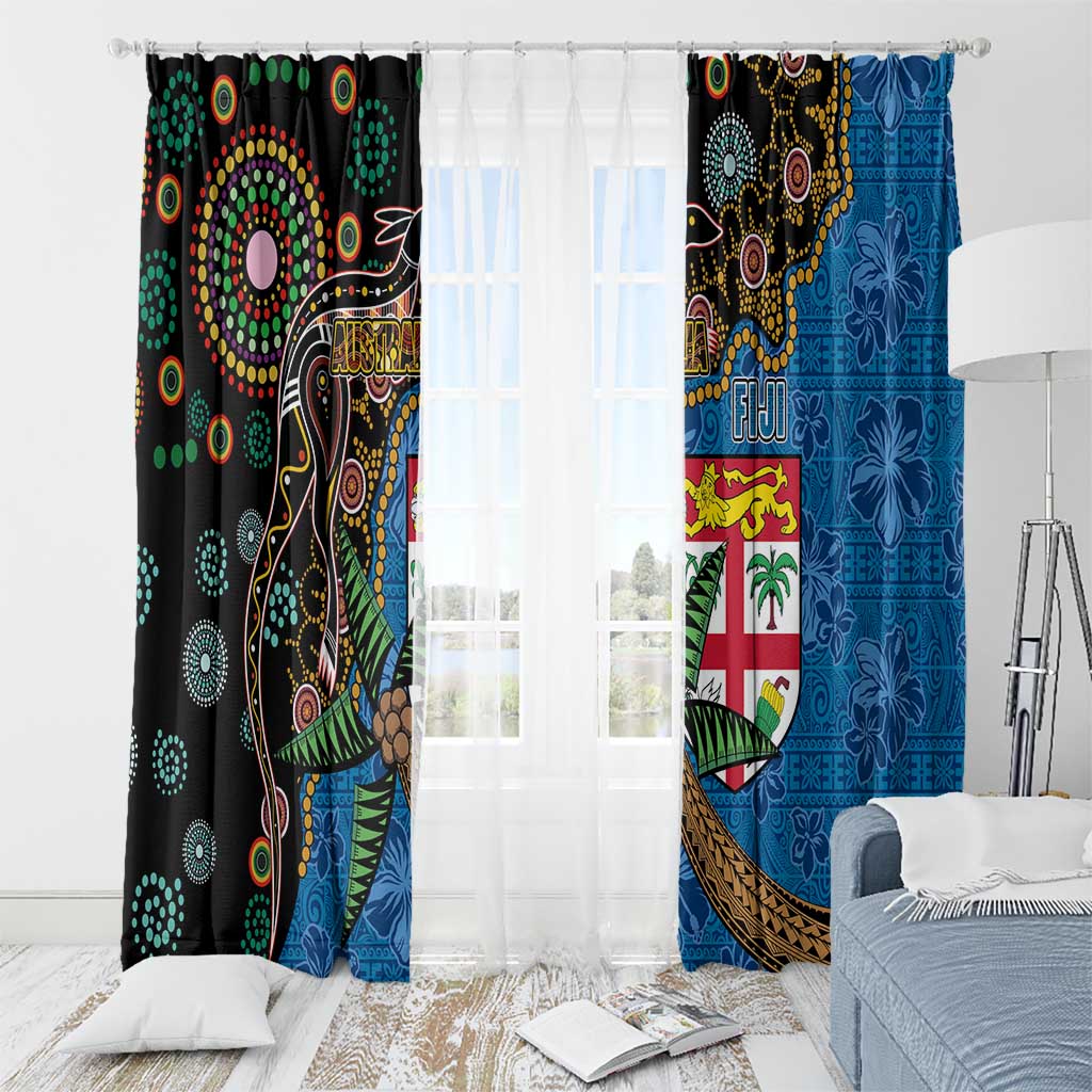 Fijian and Australian Culture Together Window Curtain Aboriginal Art and Tapa Motifs with Kangaroo and Palm Tree - Polynesian Pride