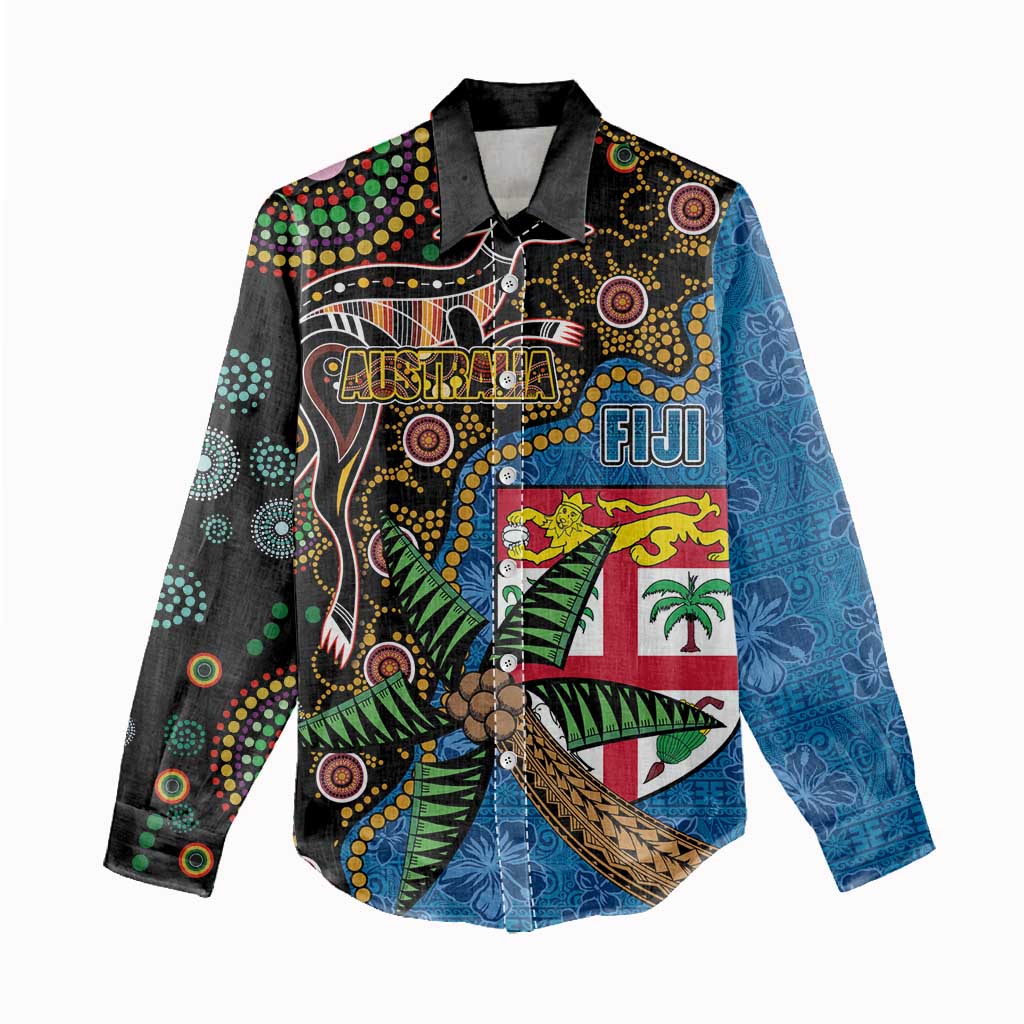 Fijian and Australian Culture Together Women Casual Shirt Aboriginal Art and Tapa Motifs with Kangaroo and Palm Tree - Polynesian Pride