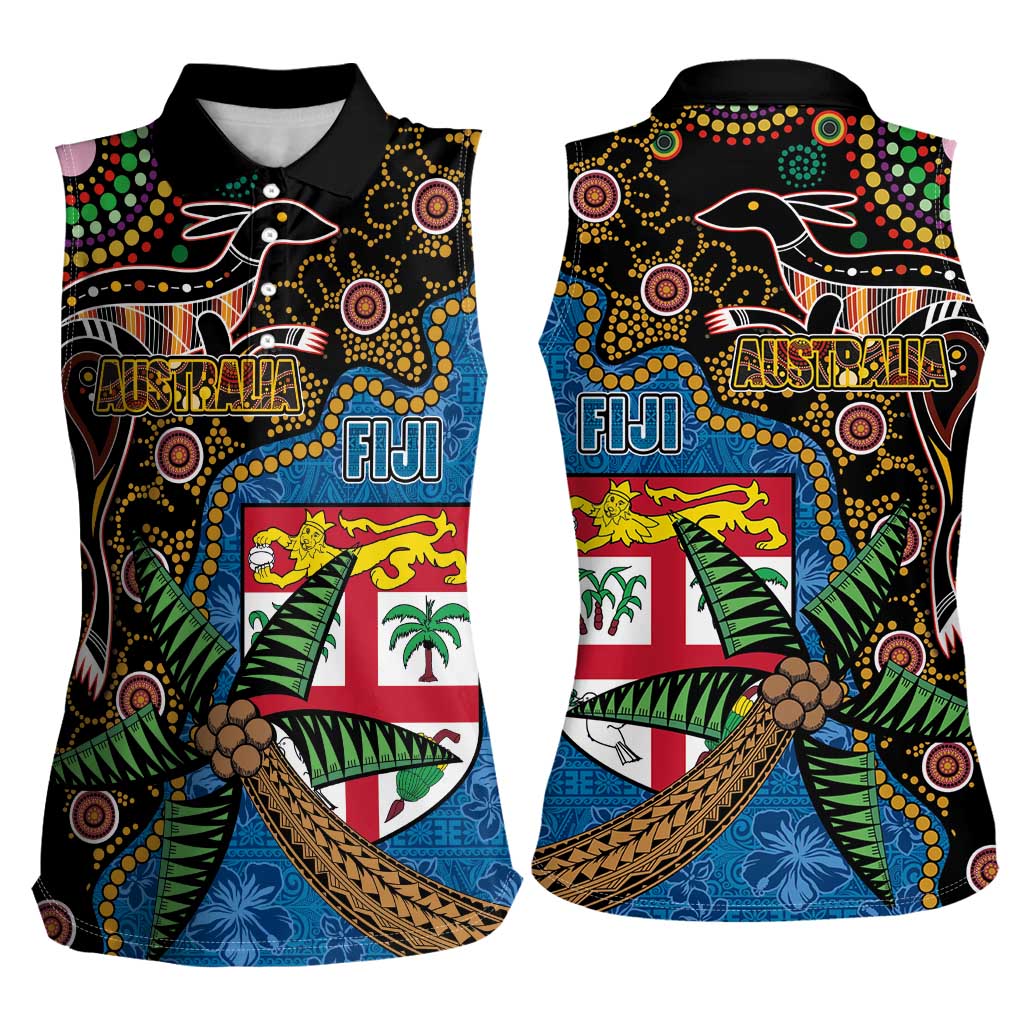 Fijian and Australian Culture Together Women Sleeveless Polo Shirt Aboriginal Art and Tapa Motifs with Kangaroo and Palm Tree - Polynesian Pride