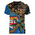 Fijian and Australian Culture Together Women V-Neck T-Shirt Aboriginal Art and Tapa Motifs with Kangaroo and Palm Tree - Polynesian Pride
