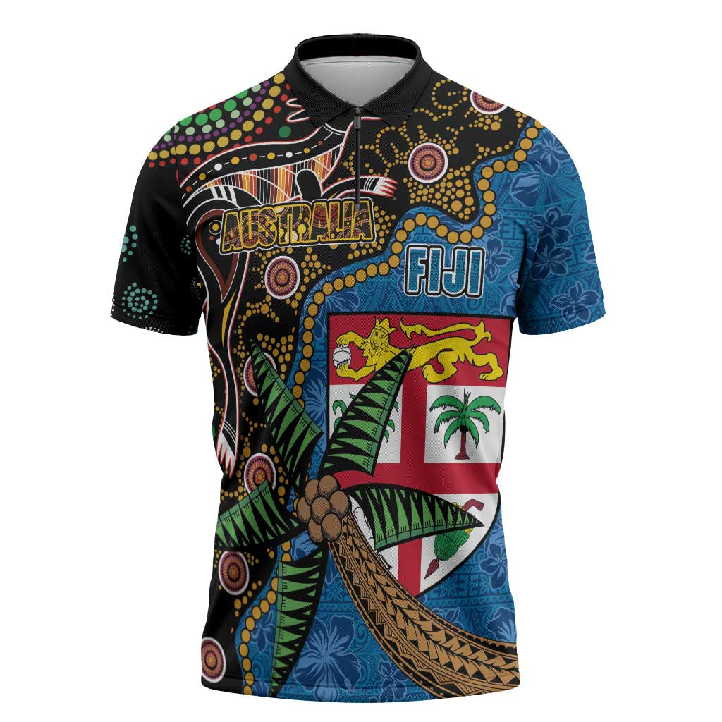 Fijian and Australian Culture Together Zipper Polo Shirt Aboriginal Art and Tapa Motifs with Kangaroo and Palm Tree - Polynesian Pride