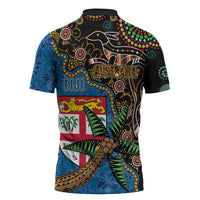 Fijian and Australian Culture Together Zipper Polo Shirt Aboriginal Art and Tapa Motifs with Kangaroo and Palm Tree - Polynesian Pride
