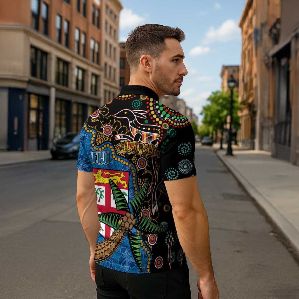 Fijian and Australian Culture Together Zipper Polo Shirt Aboriginal Art and Tapa Motifs with Kangaroo and Palm Tree - Polynesian Pride