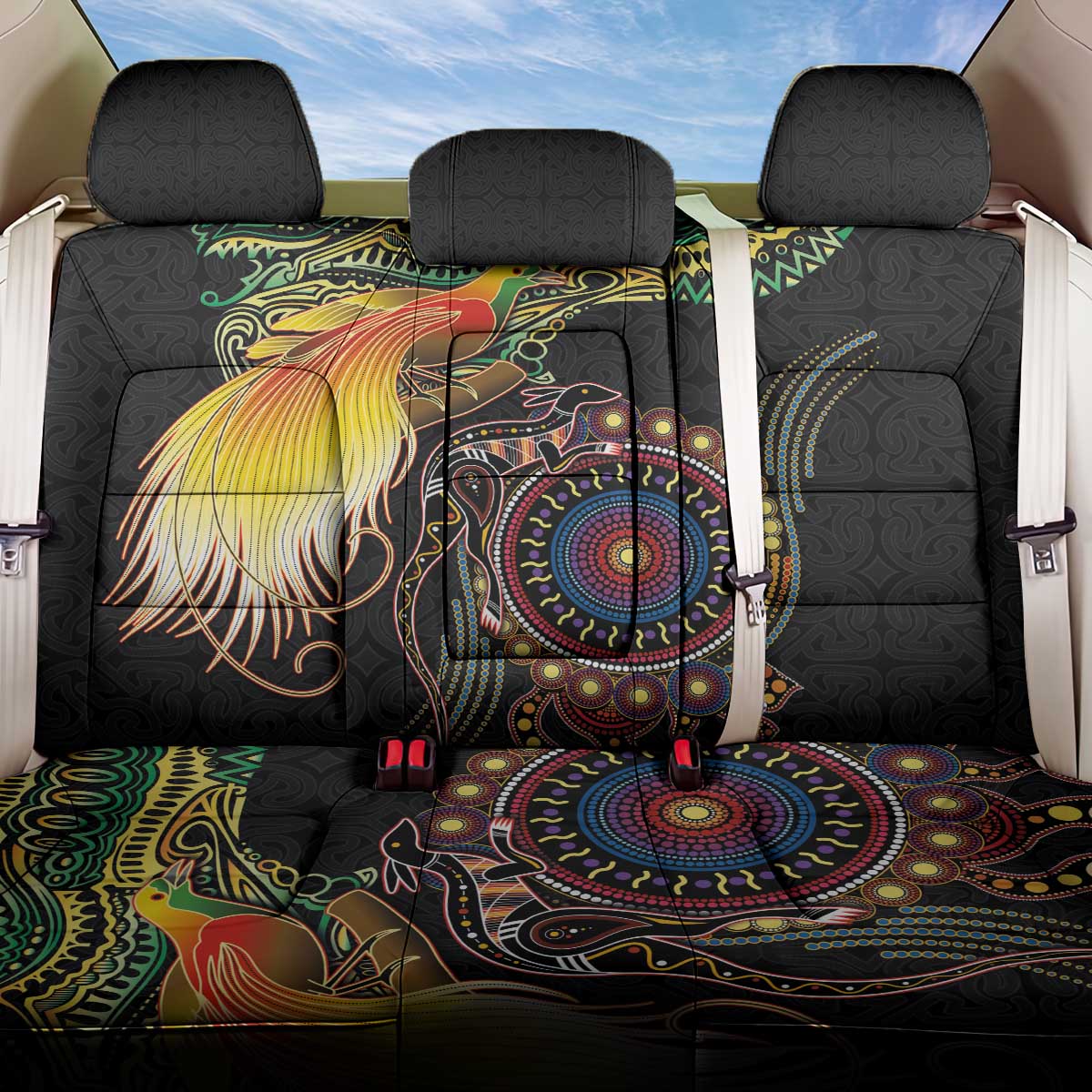 Papua New Guinea and Australia Together Back Car Seat Cover Bird of Paradise and Kangaroo Melanesian Aboriginal Motifs - Polynesian Pride