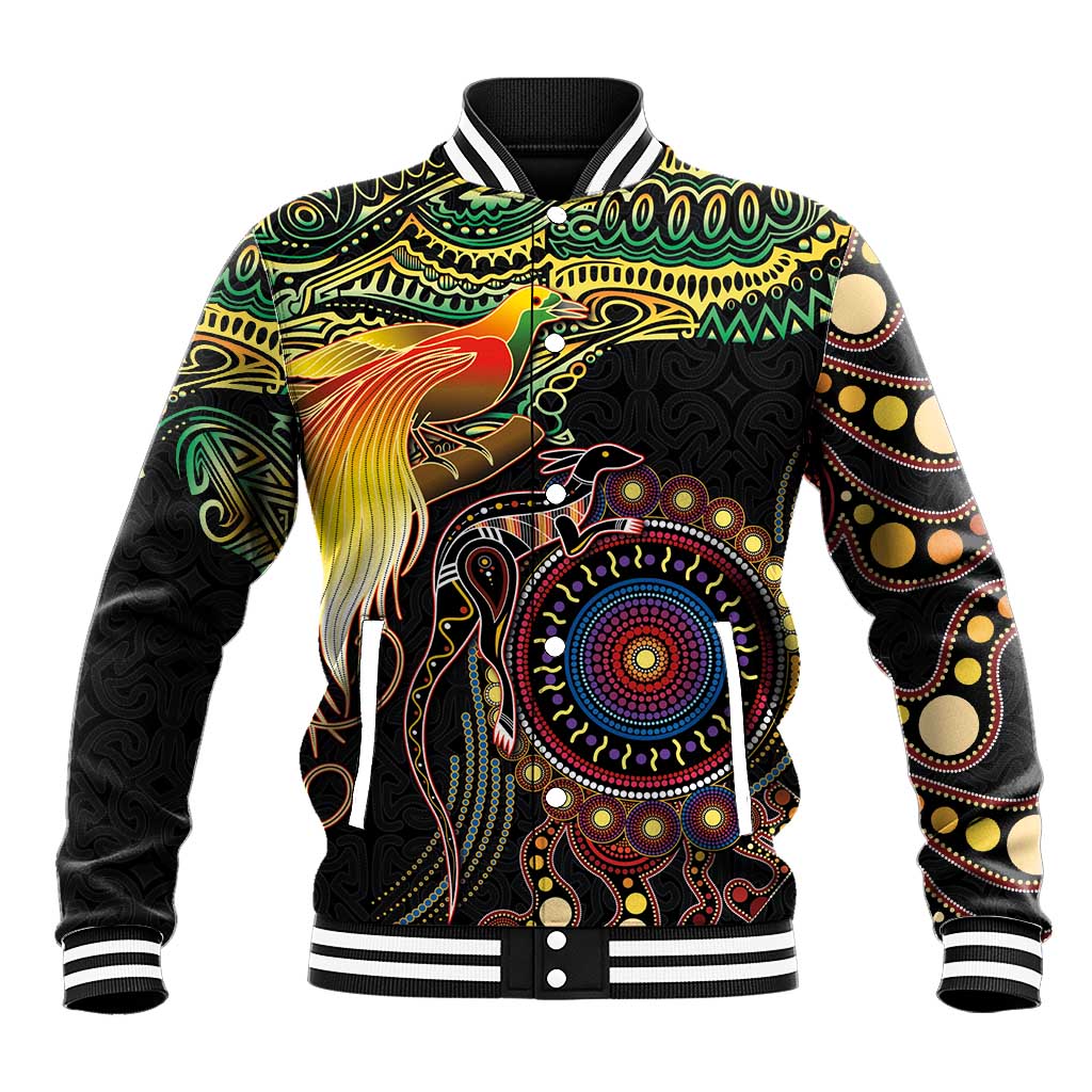 Papua New Guinea and Australia Together Baseball Jacket Bird of Paradise and Kangaroo Melanesian Aboriginal Motifs - Polynesian Pride