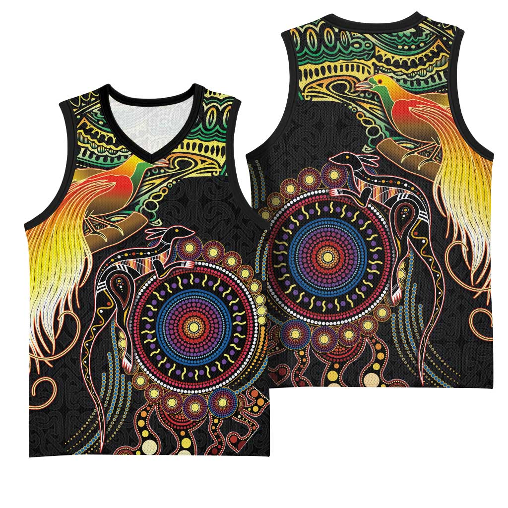 Papua New Guinea and Australia Together Basketball Jersey Bird of Paradise and Kangaroo Melanesian Aboriginal Motifs - Polynesian Pride