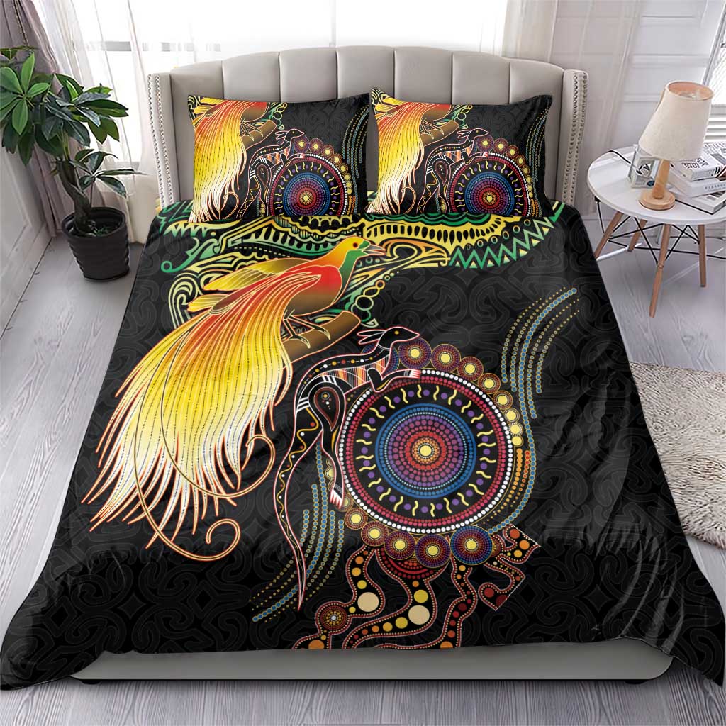 Papua New Guinea and Australia Together Bedding Set Bird of Paradise and Kangaroo Melanesian Aboriginal Motifs - Polynesian Pride
