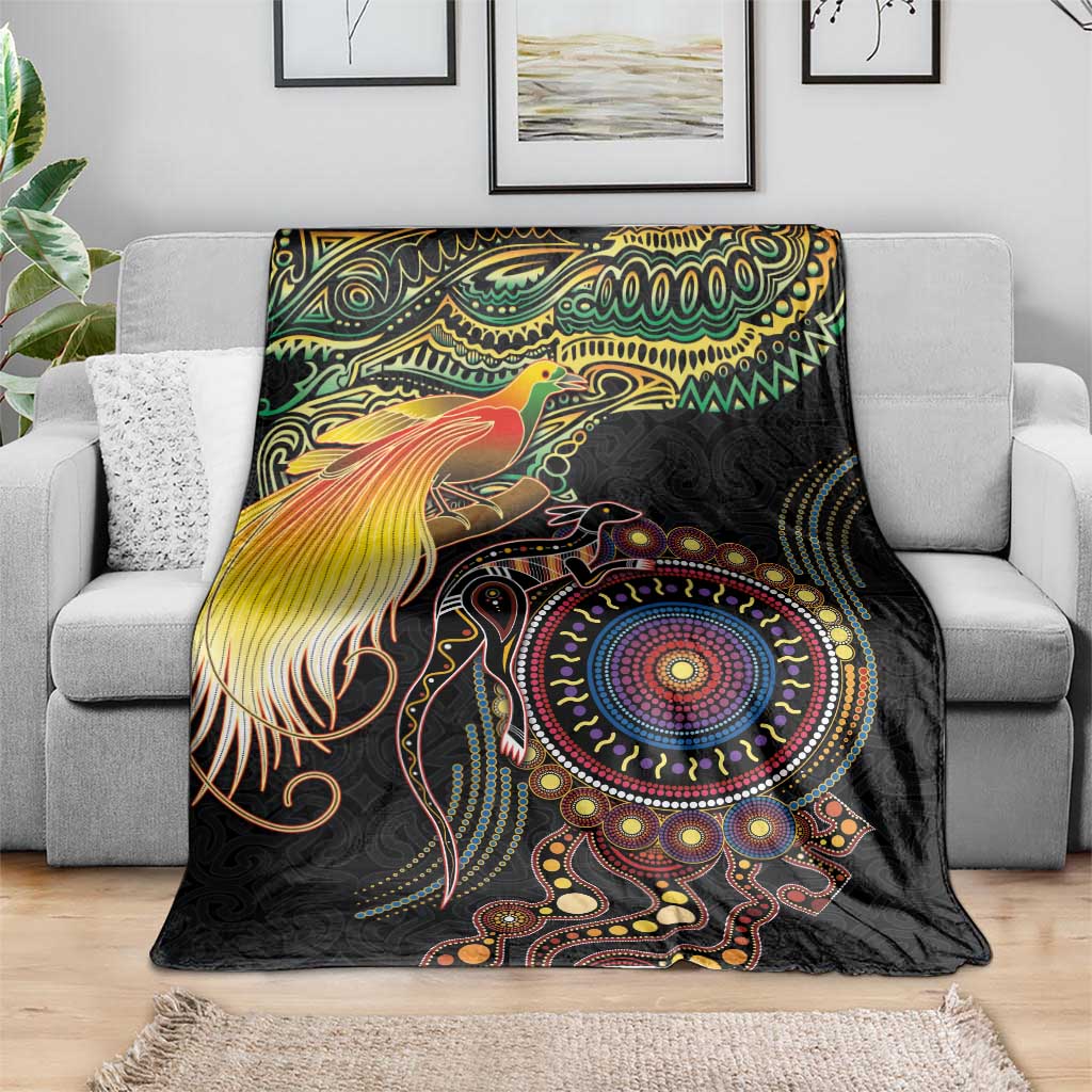 Papua New Guinea and Australia Together Blanket Bird of Paradise and Kangaroo Melanesian Aboriginal Motifs - Polynesian Pride