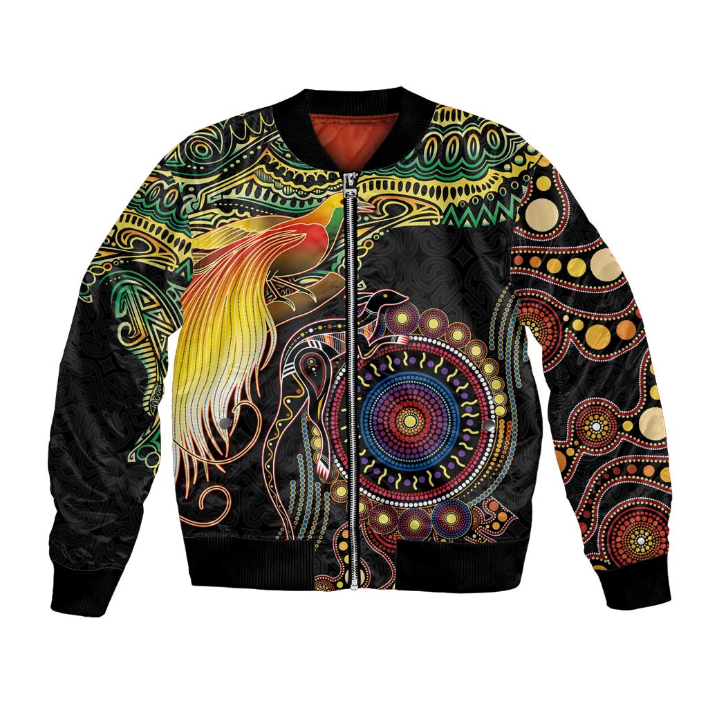 Papua New Guinea and Australia Together Bomber Jacket Bird of Paradise and Kangaroo Melanesian Aboriginal Motifs - Polynesian Pride
