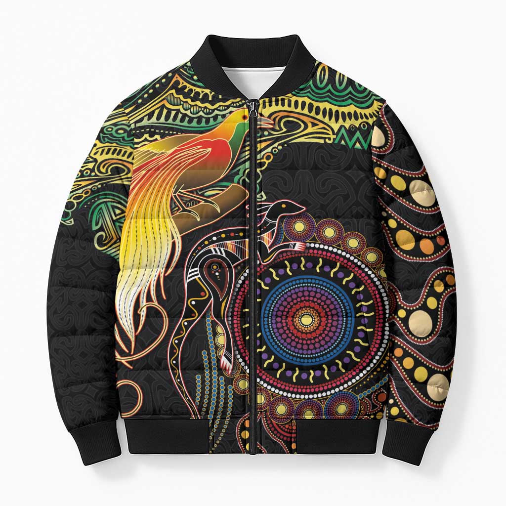 Papua New Guinea and Australia Together Bomber Puffer Jacket Bird of Paradise and Kangaroo Melanesian Aboriginal Motifs - Polynesian Pride