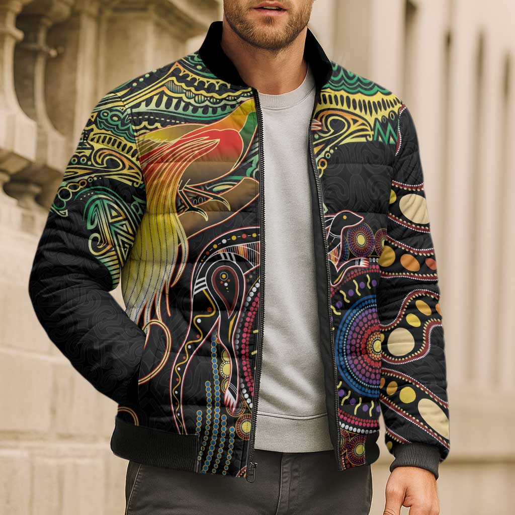 Papua New Guinea and Australia Together Bomber Puffer Jacket Bird of Paradise and Kangaroo Melanesian Aboriginal Motifs - Polynesian Pride