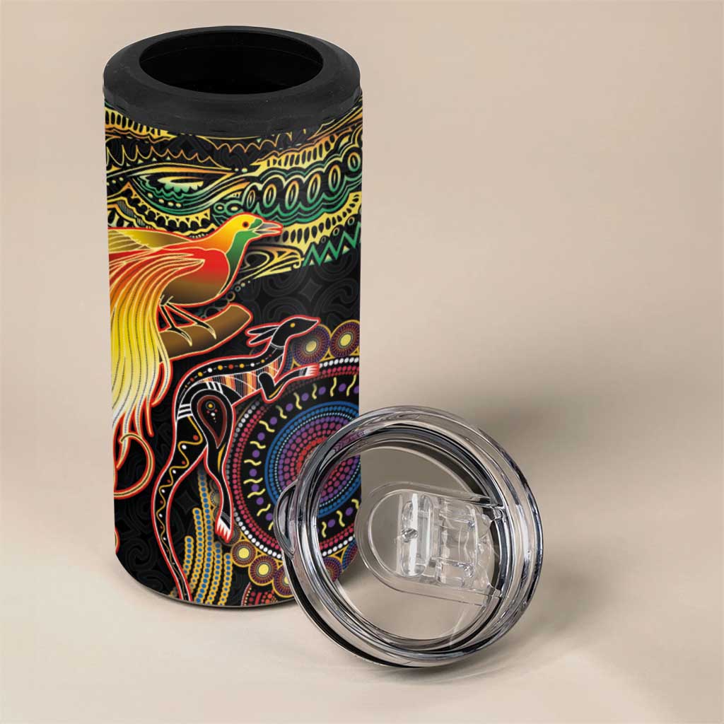 Papua New Guinea and Australia Together 4 in 1 Can Cooler Tumbler Bird of Paradise and Kangaroo Melanesian Aboriginal Motifs - Polynesian Pride