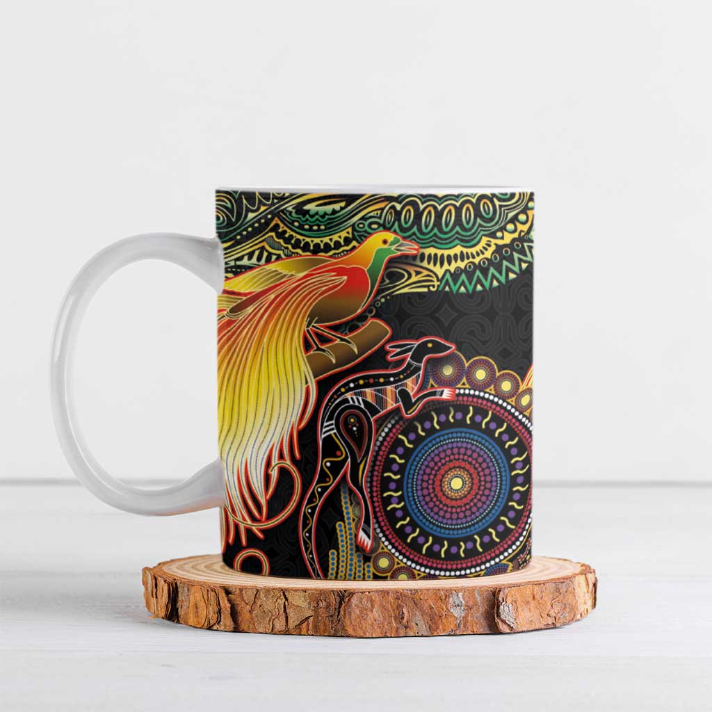 Papua New Guinea and Australia Together Ceramic Mug Bird of Paradise and Kangaroo Melanesian Aboriginal Motifs - Polynesian Pride