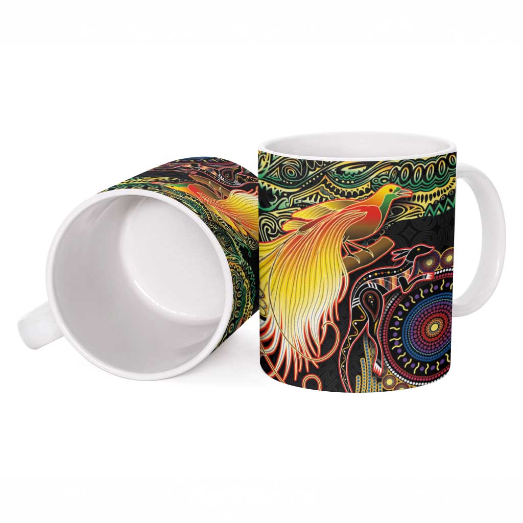 Papua New Guinea and Australia Together Ceramic Mug Bird of Paradise and Kangaroo Melanesian Aboriginal Motifs - Polynesian Pride