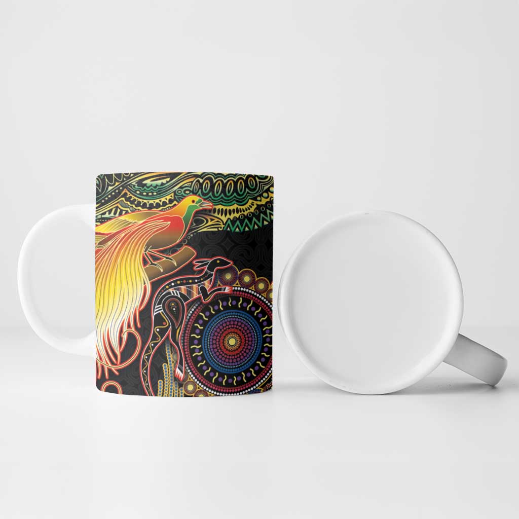 Papua New Guinea and Australia Together Ceramic Mug Bird of Paradise and Kangaroo Melanesian Aboriginal Motifs - Polynesian Pride