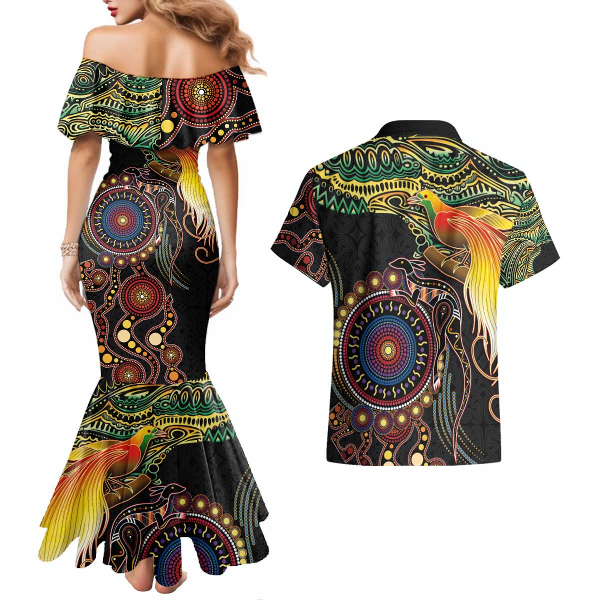 Papua New Guinea and Australia Together Couples Matching Mermaid Dress and Hawaiian Shirt Bird of Paradise and Kangaroo Melanesian Aboriginal Motifs - Polynesian Pride