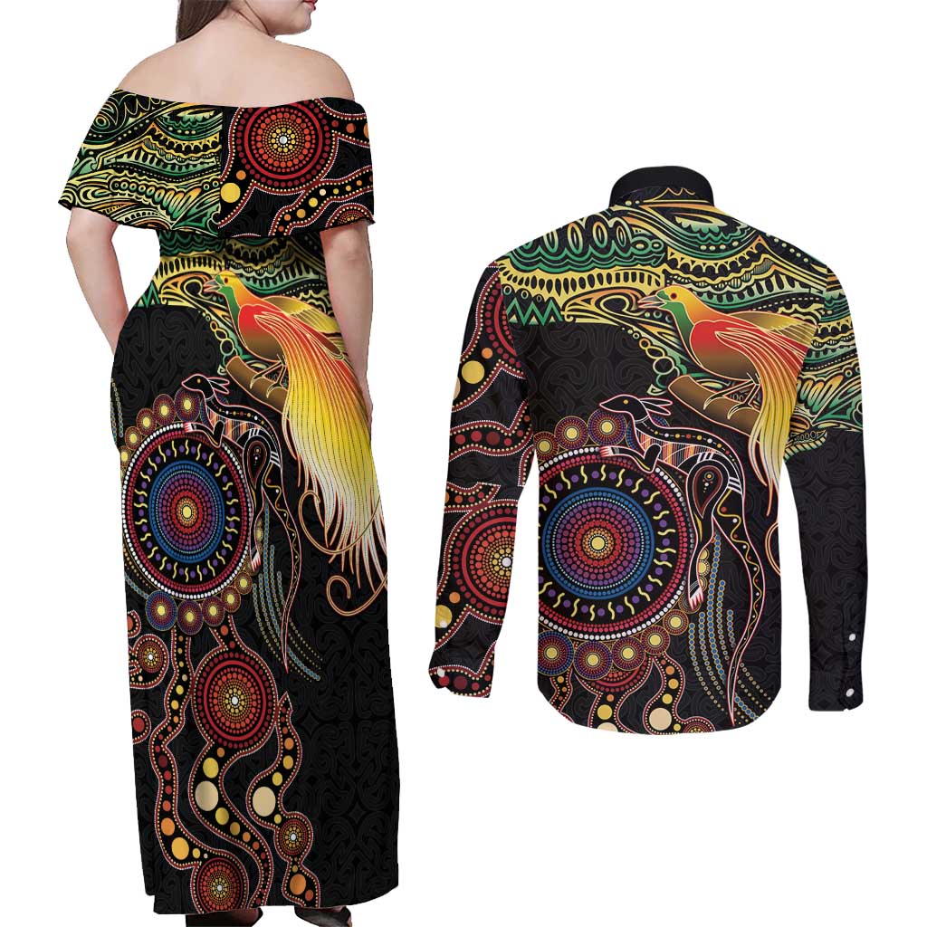 Papua New Guinea and Australia Together Couples Matching Off Shoulder Maxi Dress and Long Sleeve Button Shirt Bird of Paradise and Kangaroo Melanesian Aboriginal Motifs - Polynesian Pride