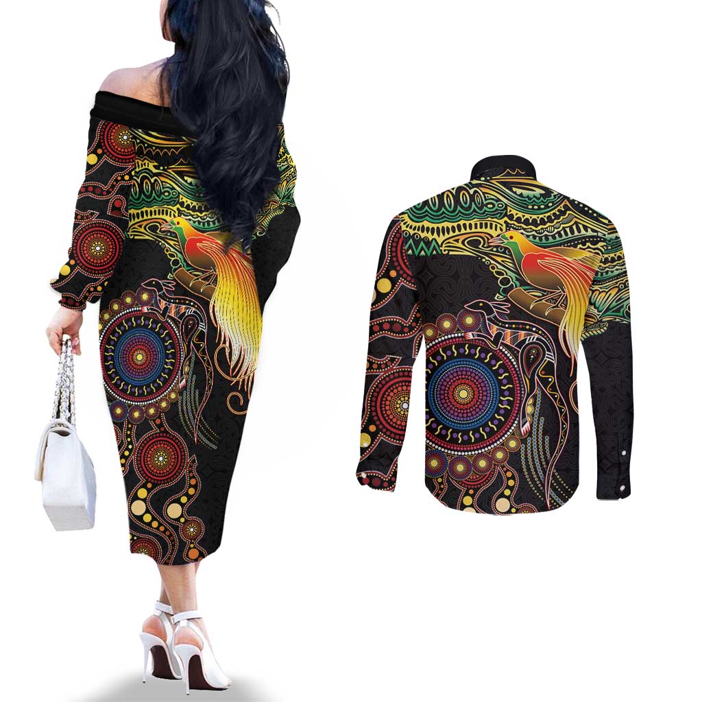 Papua New Guinea and Australia Together Couples Matching Off The Shoulder Long Sleeve Dress and Long Sleeve Button Shirt Bird of Paradise and Kangaroo Melanesian Aboriginal Motifs - Polynesian Pride