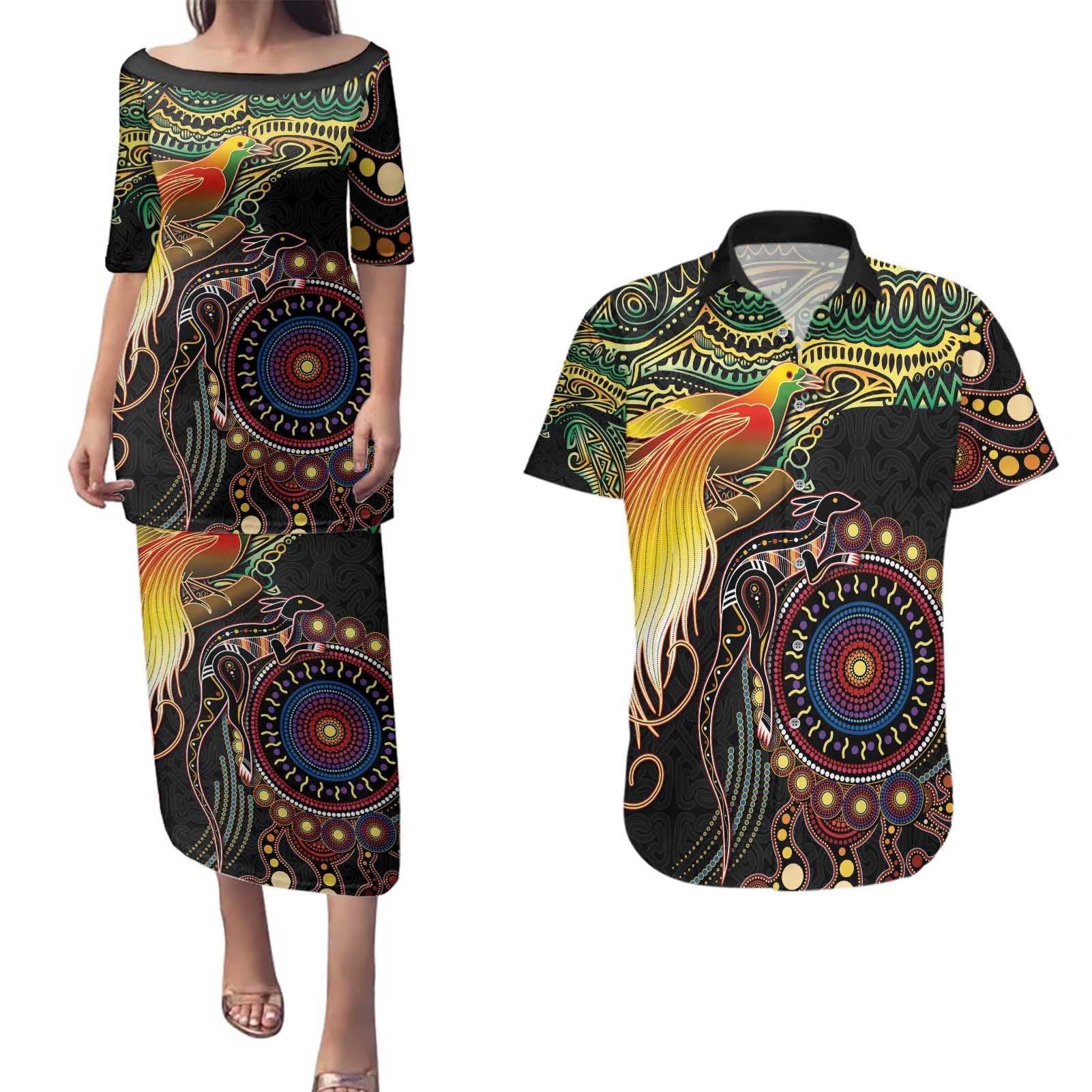 Papua New Guinea and Australia Together Couples Matching Puletasi and Hawaiian Shirt Bird of Paradise and Kangaroo Melanesian Aboriginal Motifs - Polynesian Pride